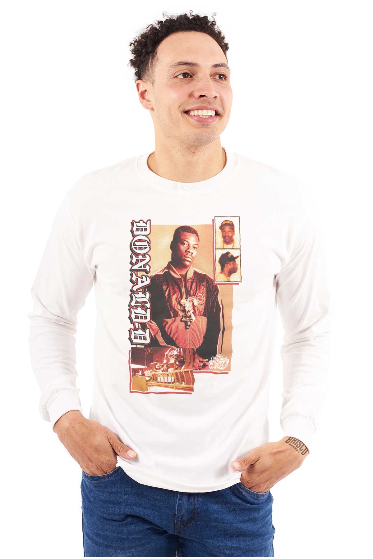 This image is a t-shirt with a design of hip-hop pioneer Donald D, honoring the original artists and culture of hip-hop.