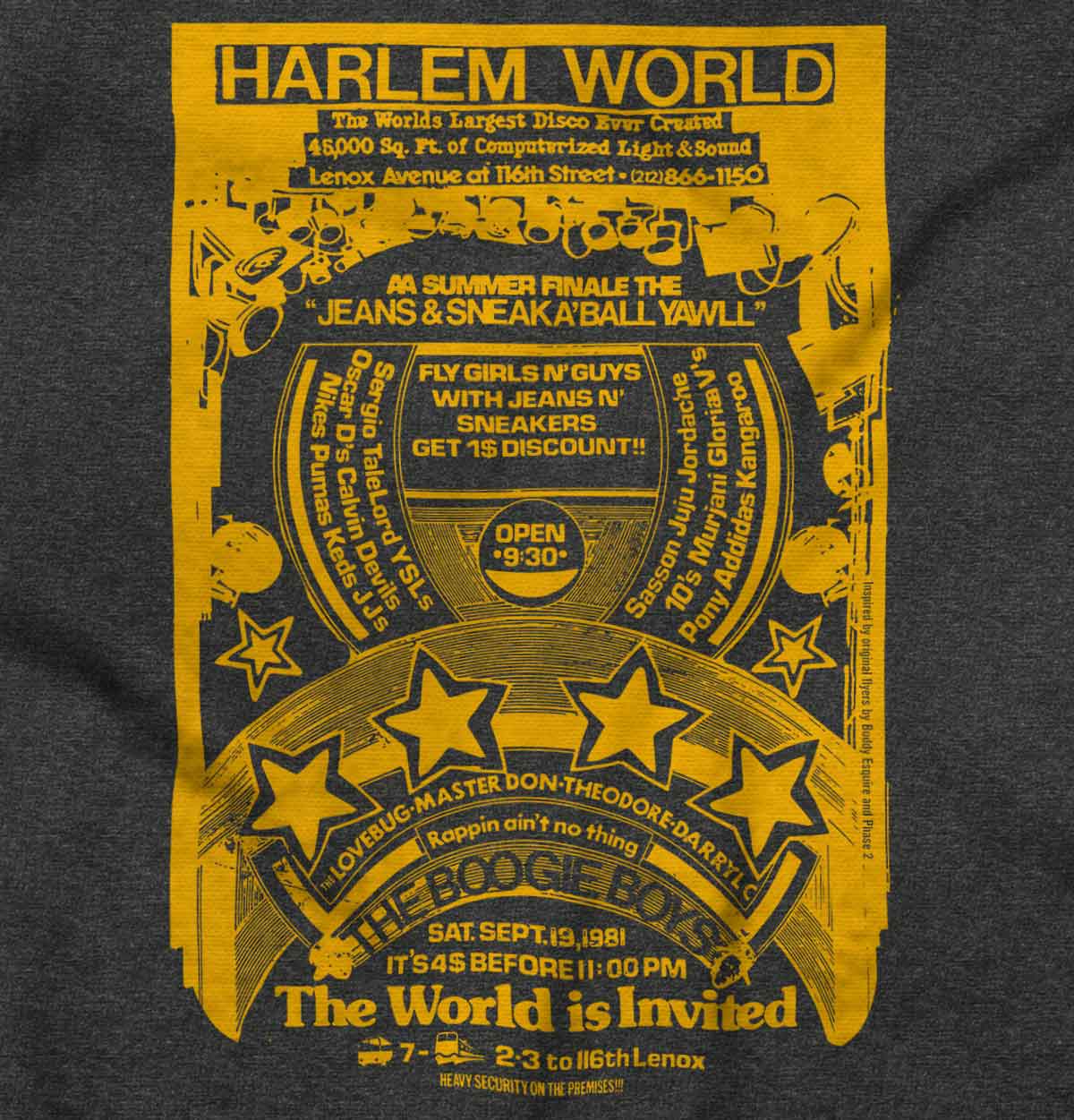 A black-and-white graphic showing the influence of rap's golden era in Harlem, the birthplace of hip-hop.