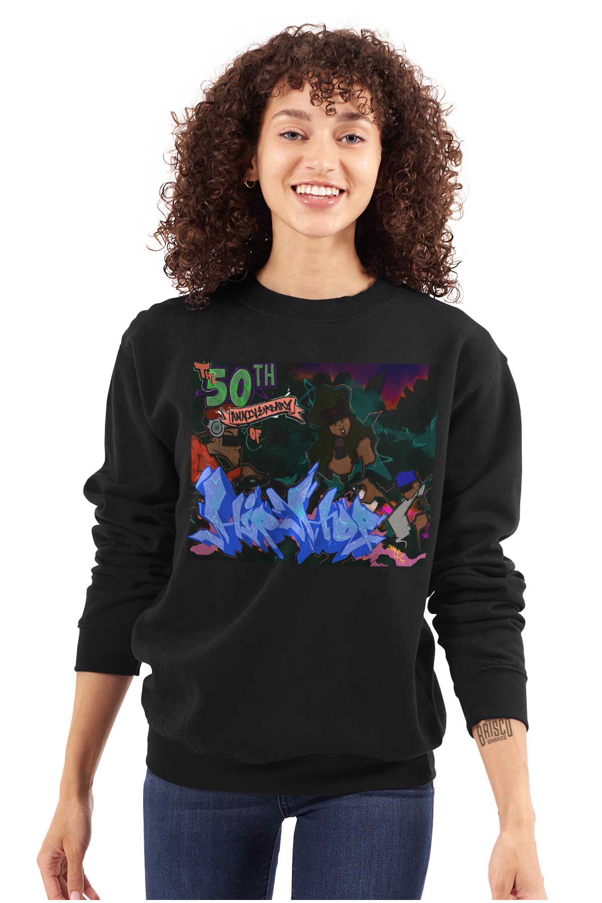 This image celebrates the 50th anniversary of hip hop with graffiti art. It is a burst of vibrant colors that captures the raw energy and creativity of the genre. The design reflects the soul of hip-hop and highlights its rich history and legendary artists.