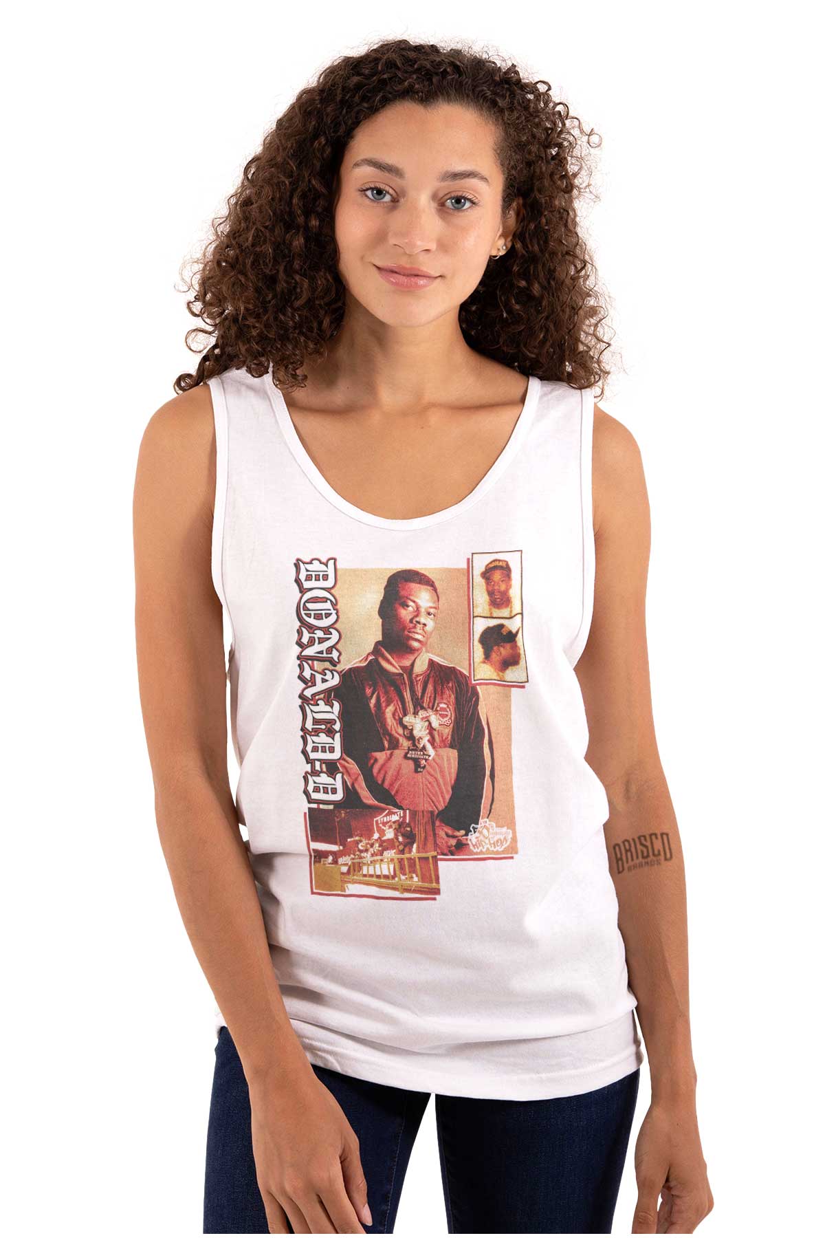 This image is a t-shirt with a design of hip-hop pioneer Donald D, honoring the original artists and culture of hip-hop.