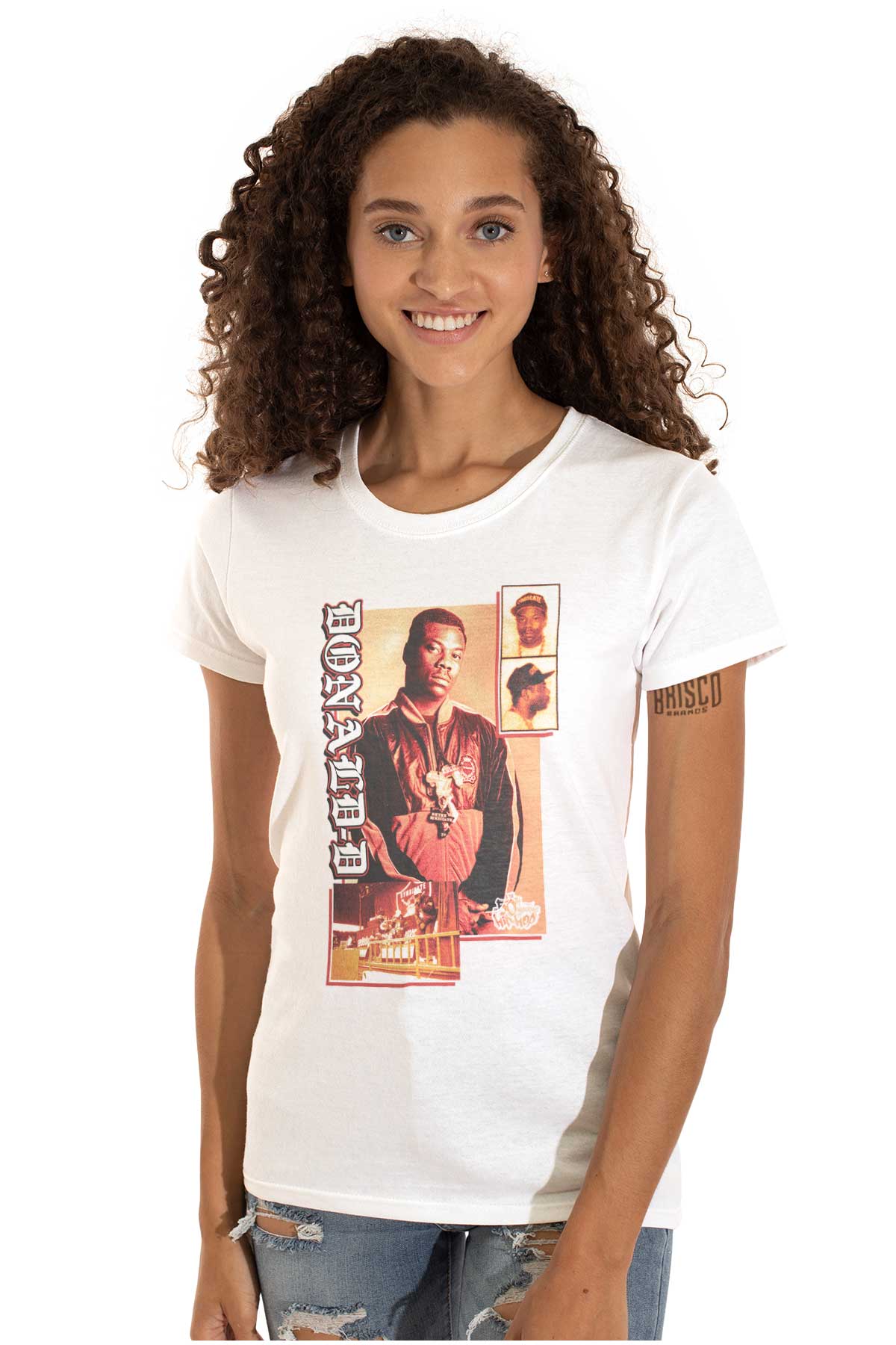 This image is a t-shirt with a design of hip-hop pioneer Donald D, honoring the original artists and culture of hip-hop.