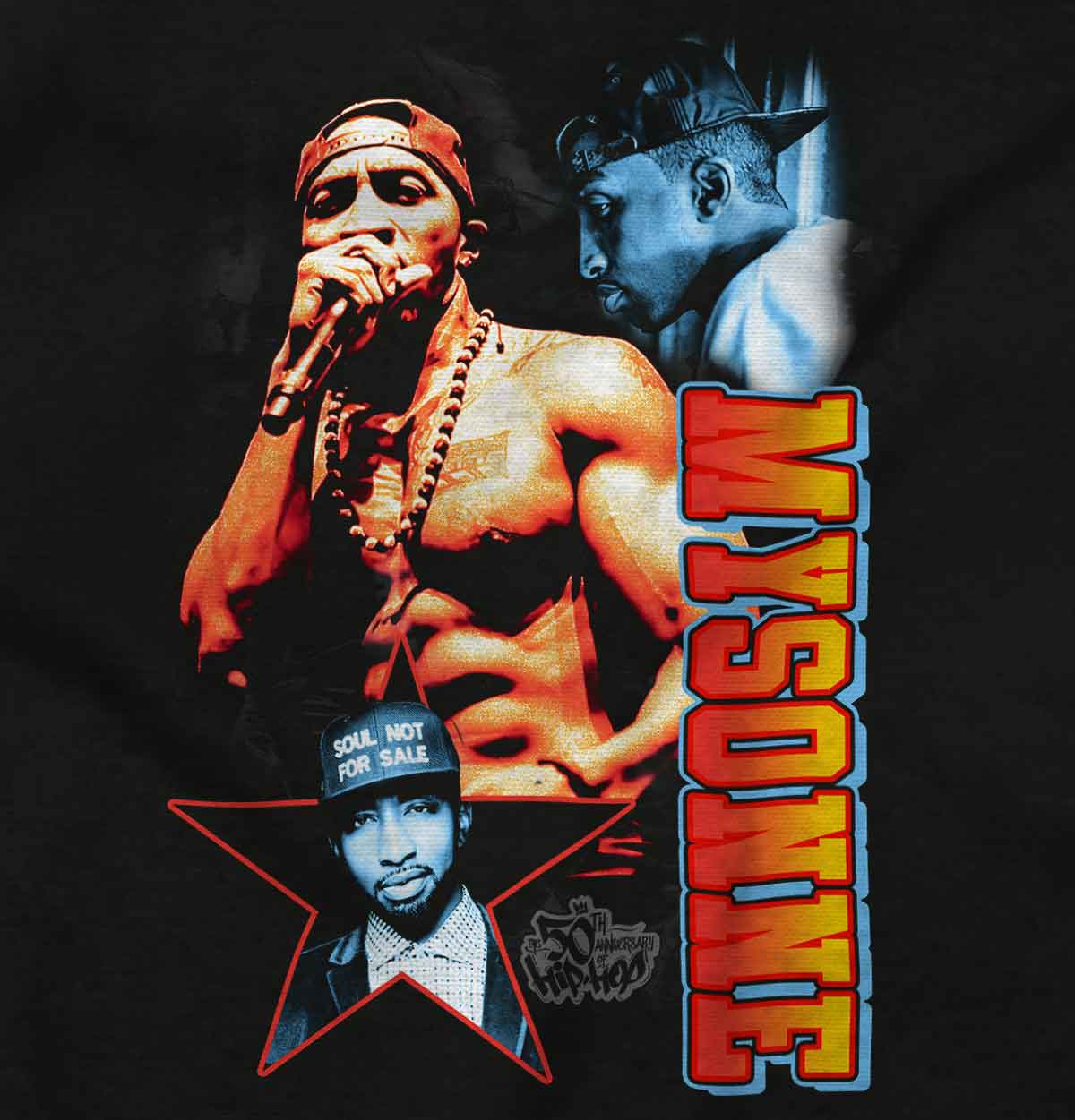 The image is a vibrant poster of a legendary hip-hop artist Mysonne performing energetically on stage, with shining chains, representing the intense spirit of hip-hop and inspiring passion, talent, and impact in the industry.