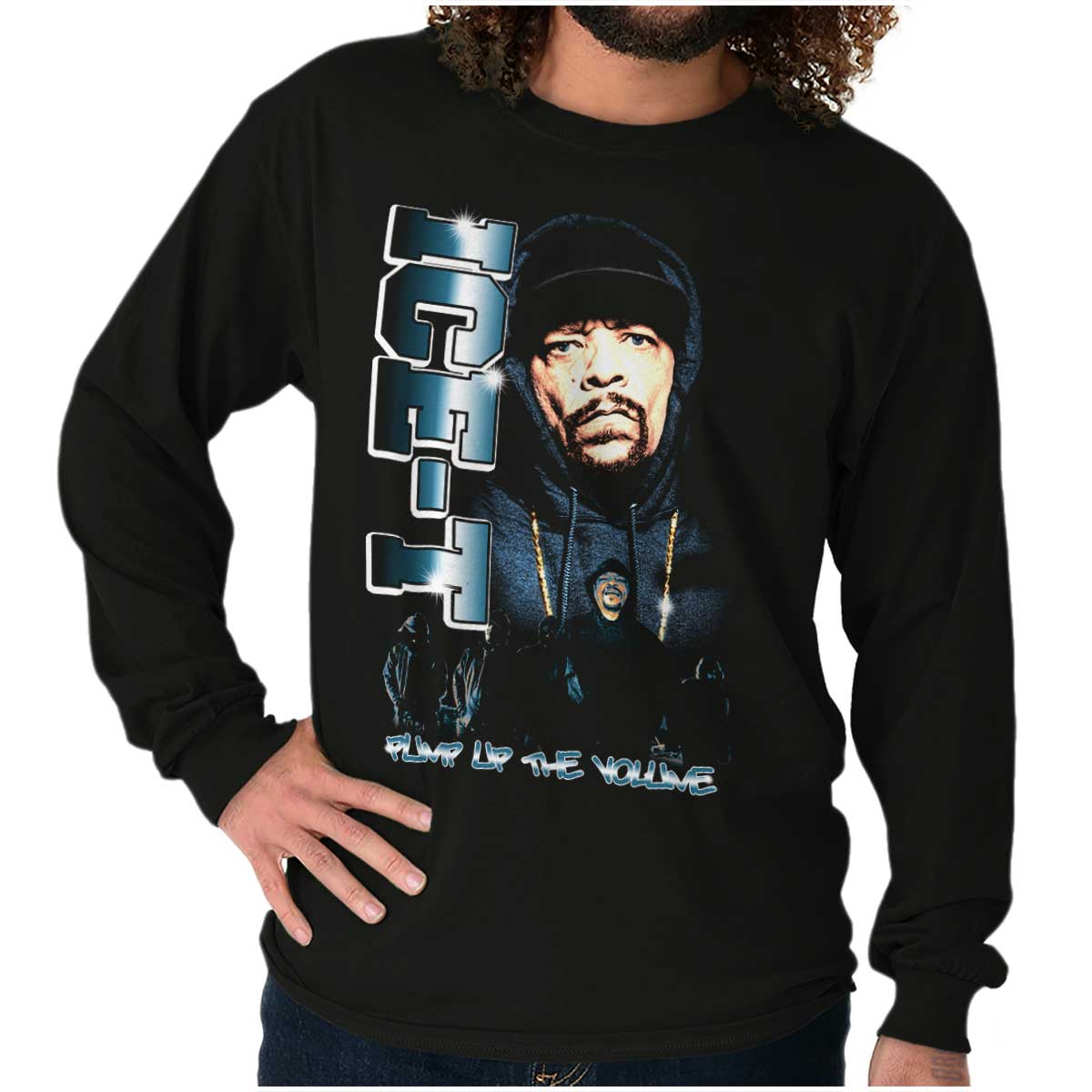 This image features the Pump Up The Volume Shirt, which showcases a hip-hop theme. It includes a picture of the OG ICE-T wearing his iconic beanie with his name on it.