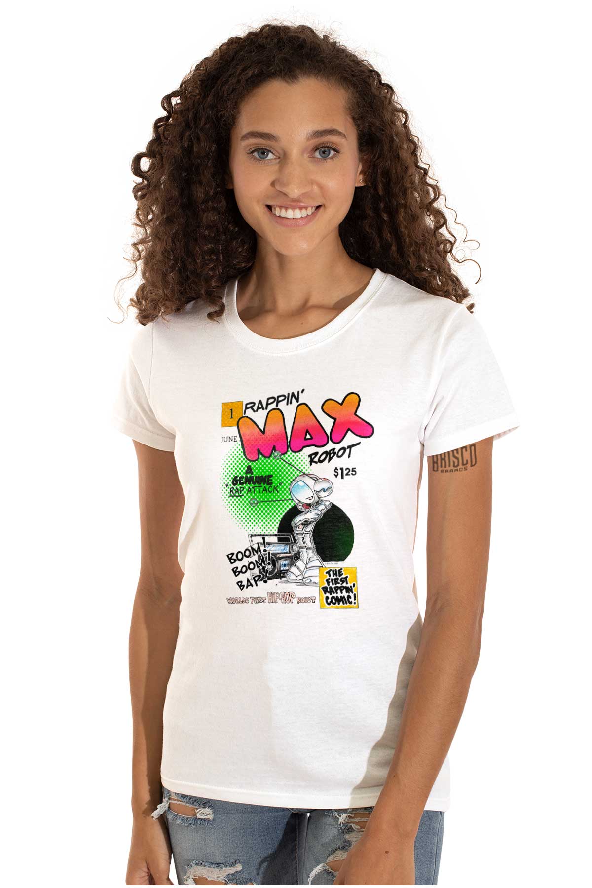 This image is a tribute to the original Rappin Max Robot, who was a pioneer in hip hop within comic books. The design features a boombox playing great beats, while Rappin Max himself is rapping on the microphone.