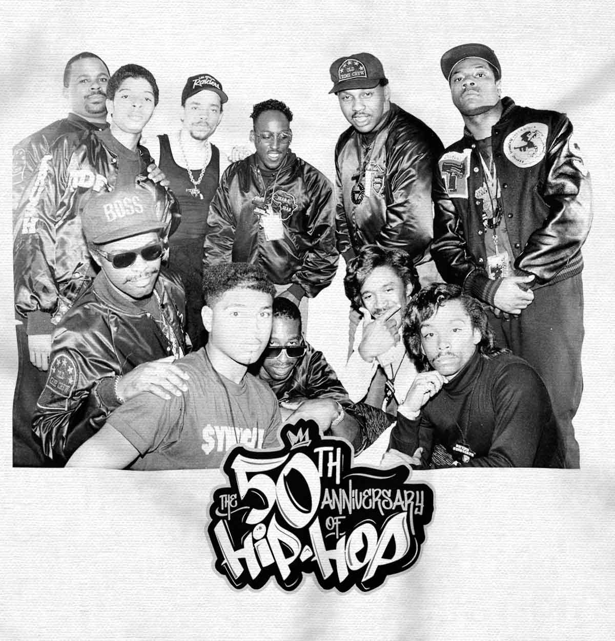 This image symbolizes the history and influence of hip-hop culture, with Ice T and his crew representing its foundation, and the 50th anniversary logo adding importance, celebrating the genre's past, present, and future.