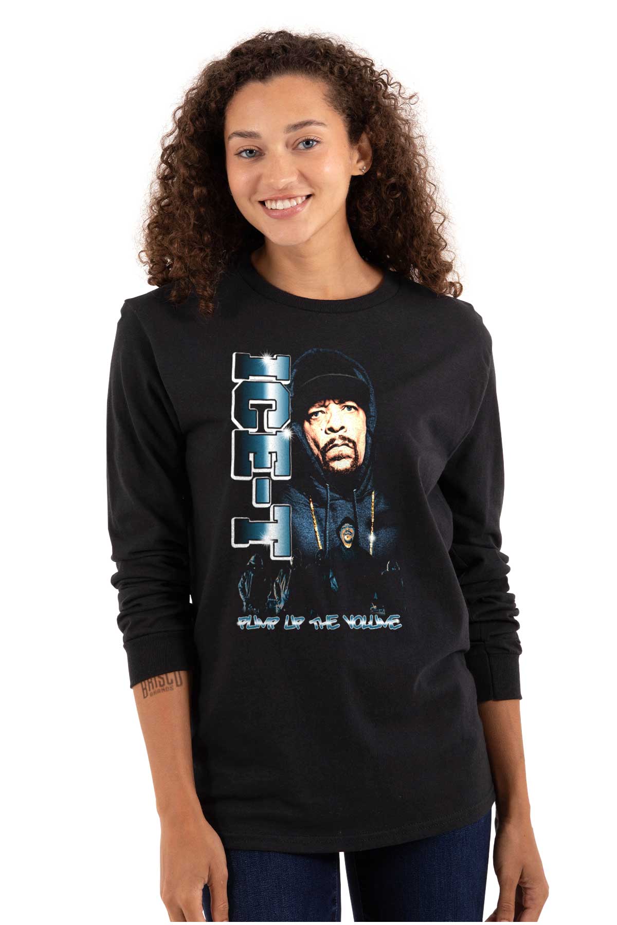 This image features the Pump Up The Volume Shirt, which showcases a hip-hop theme. It includes a picture of the OG ICE-T wearing his iconic beanie with his name on it.