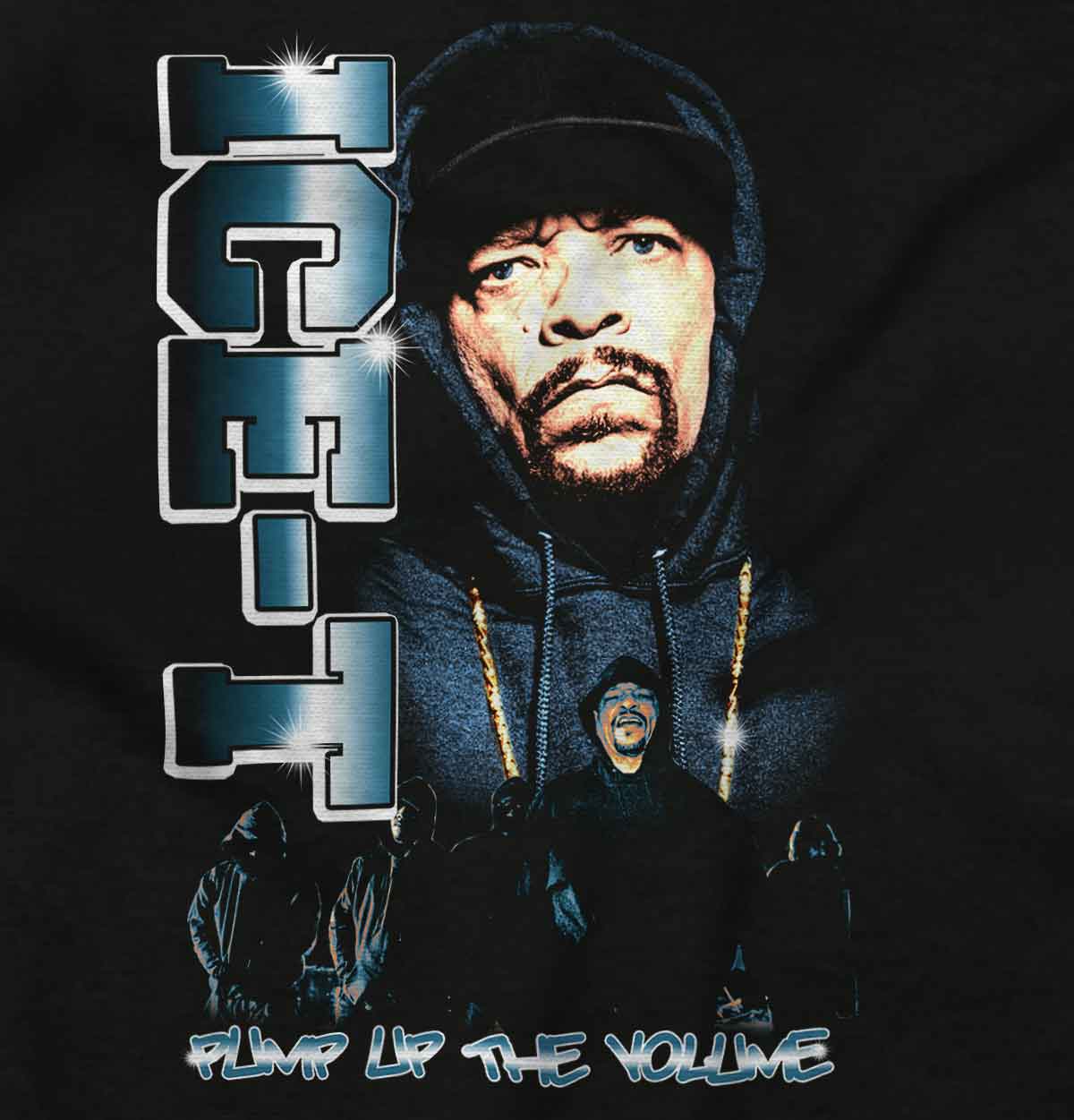 This image features the Pump Up The Volume Shirt, which showcases a hip-hop theme. It includes a picture of the OG ICE-T wearing his iconic beanie with his name on it.