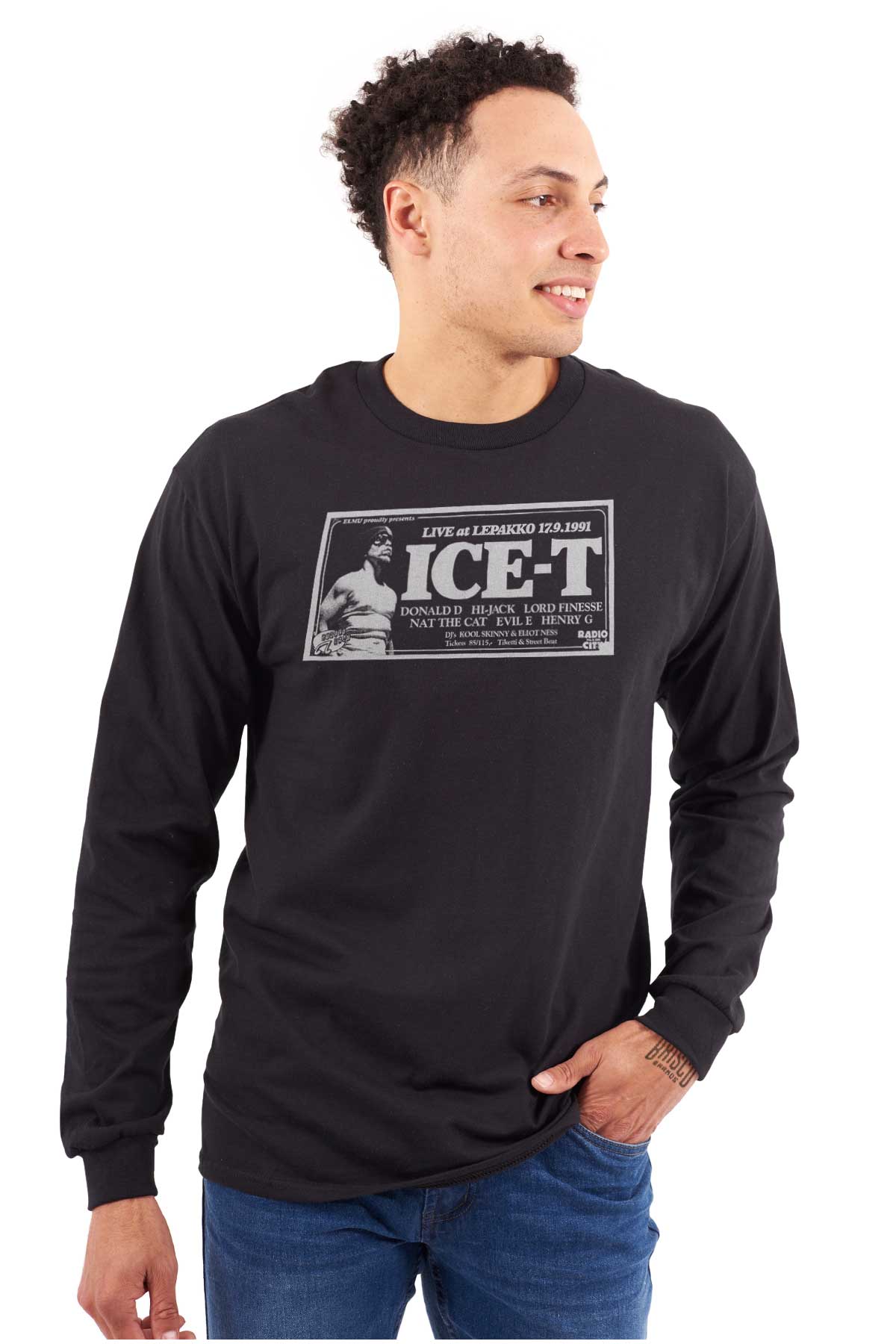 This design is a tribute to a 1991 concert with Ice-T, featuring a picture of him and celebrating the influential early '90s hip-hop era, perfect for showing appreciation to hip-hop pioneers.