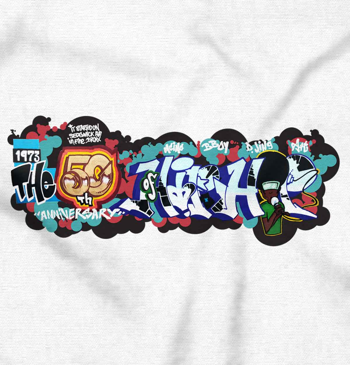 This image depicts vibrant graffiti art celebrating the 50th anniversary of Hip Hop, capturing its energy and creativity, and allowing you to embrace its rhythm, soul, and history through your style.