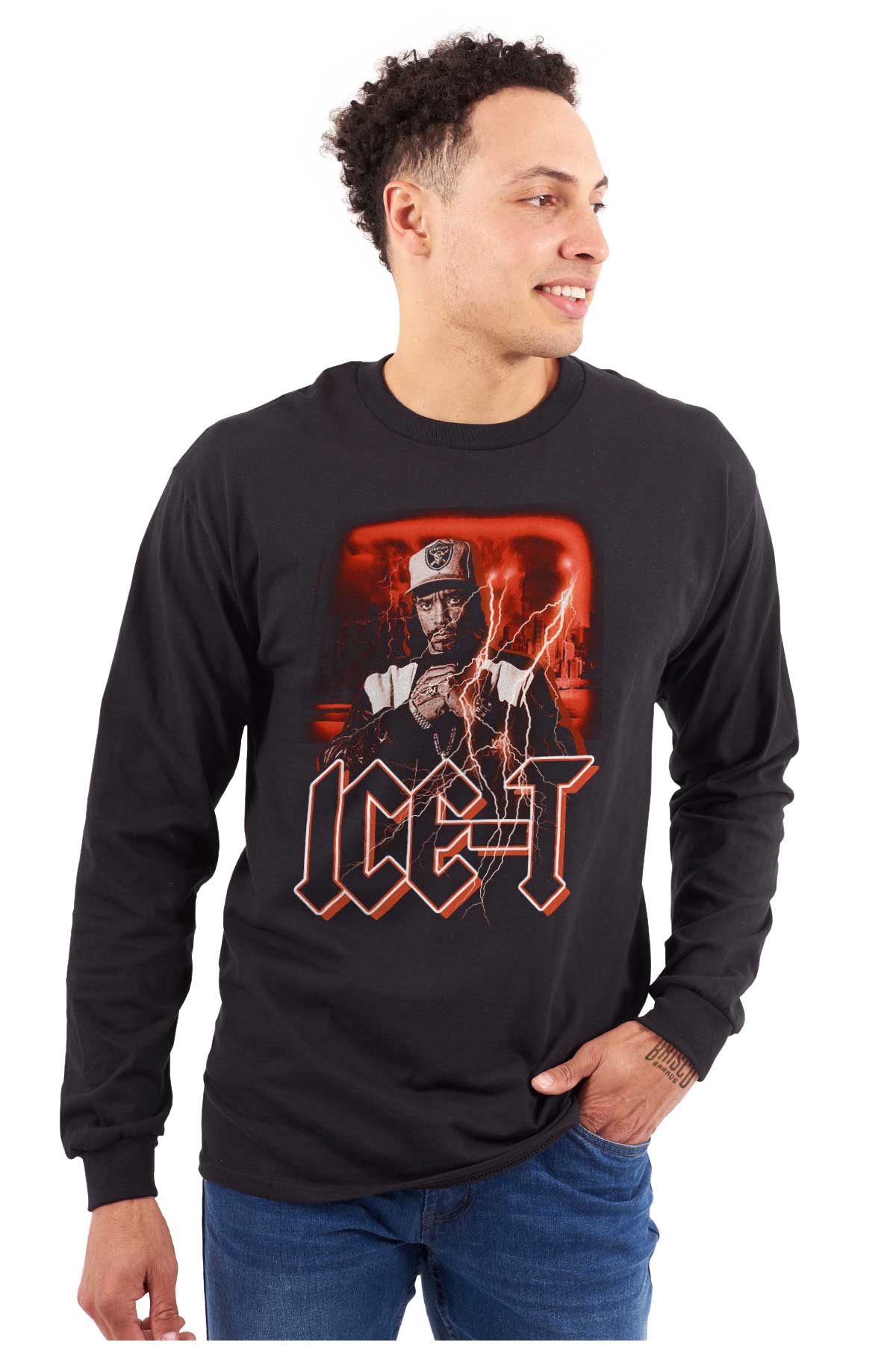 This image shows a graffiti-style picture of ICE-T with red skies and storms, representing rebellion and the enduring spirit of hip-hop, so embrace the vibe and let your style shine with this cool piece.