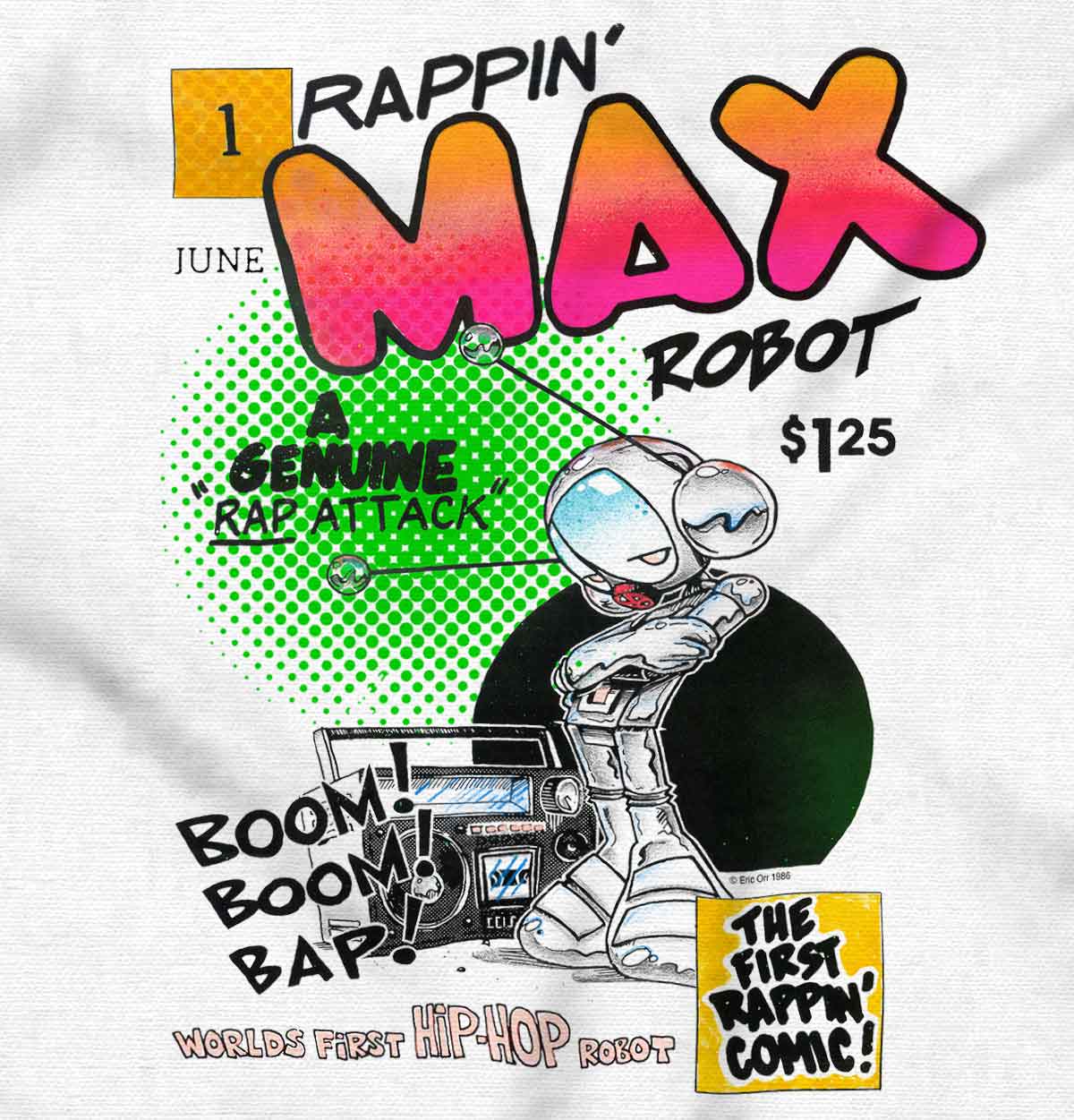 This image is a tribute to the original Rappin Max Robot, who was a pioneer in hip hop within comic books. The design features a boombox playing great beats, while Rappin Max himself is rapping on the microphone.