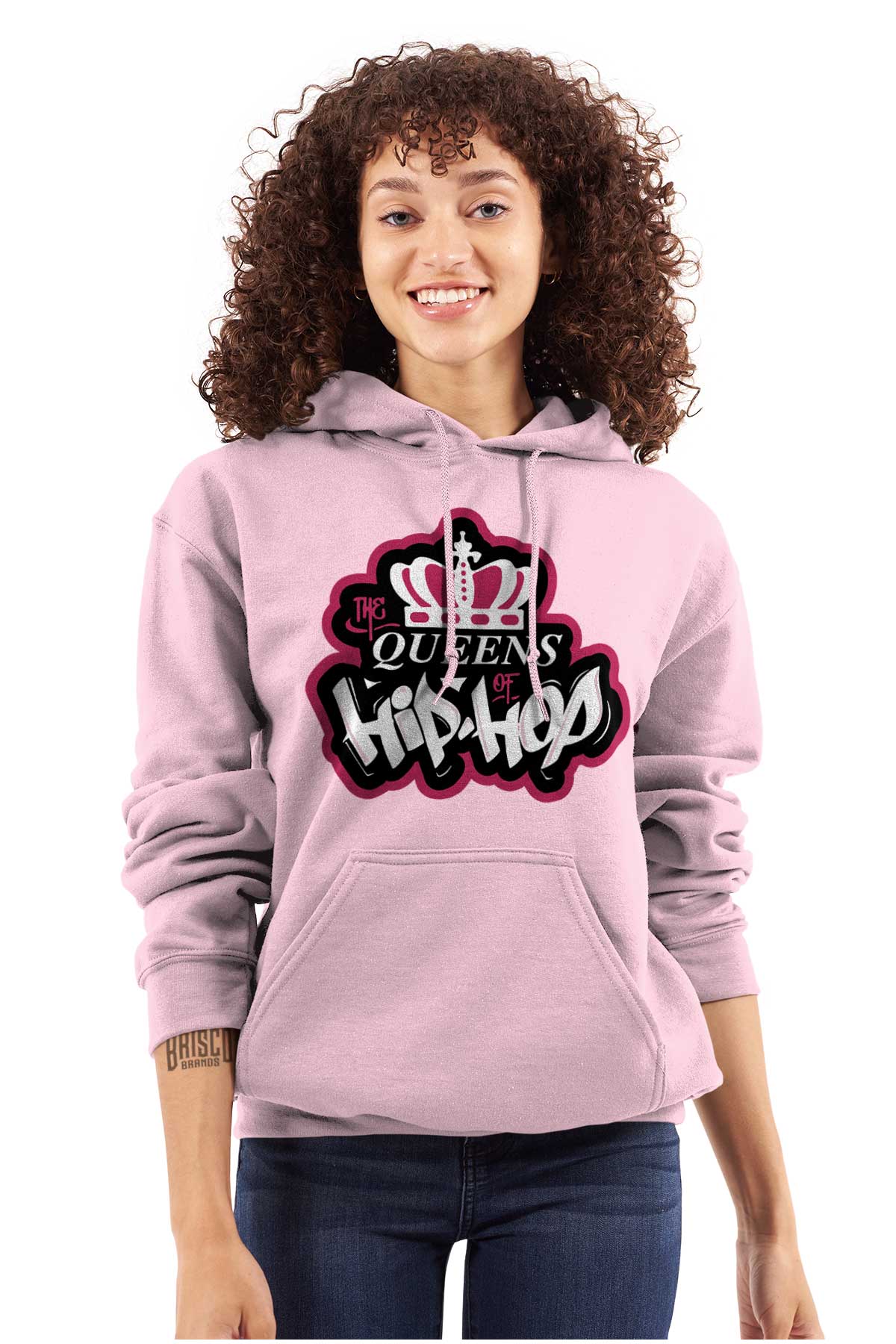 This streetwear design pays homage to influential female hip hop artists, with a graffiti-style logo of a crown in bold pink and white colors, symbolizing their confidence and vibrant energy.