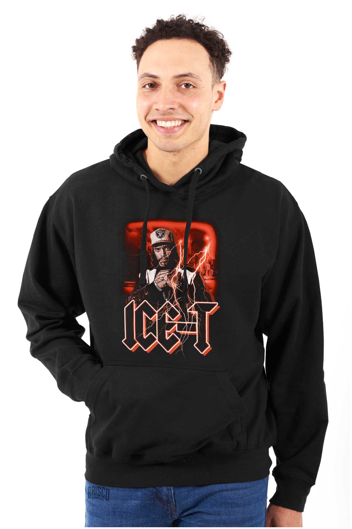 This image shows a graffiti-style picture of ICE-T with red skies and storms, representing rebellion and the enduring spirit of hip-hop, so embrace the vibe and let your style shine with this cool piece.