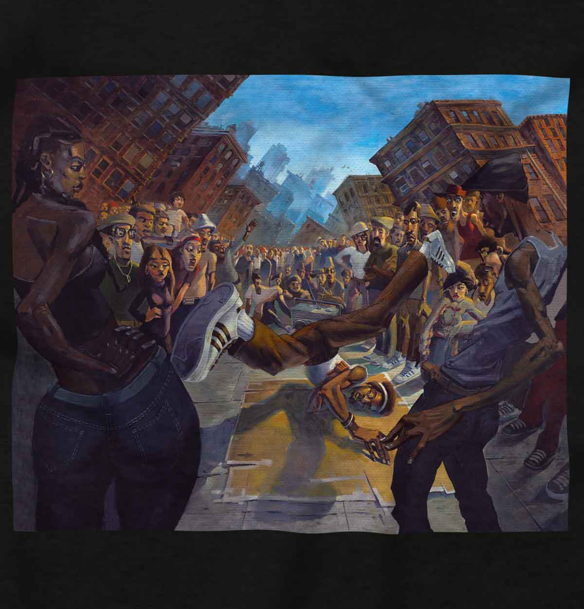 A painting of a nighttime breakdance competition in NYC that shows the energetic and colorful movements of B-boys and B-girls, representing hip-hop culture.