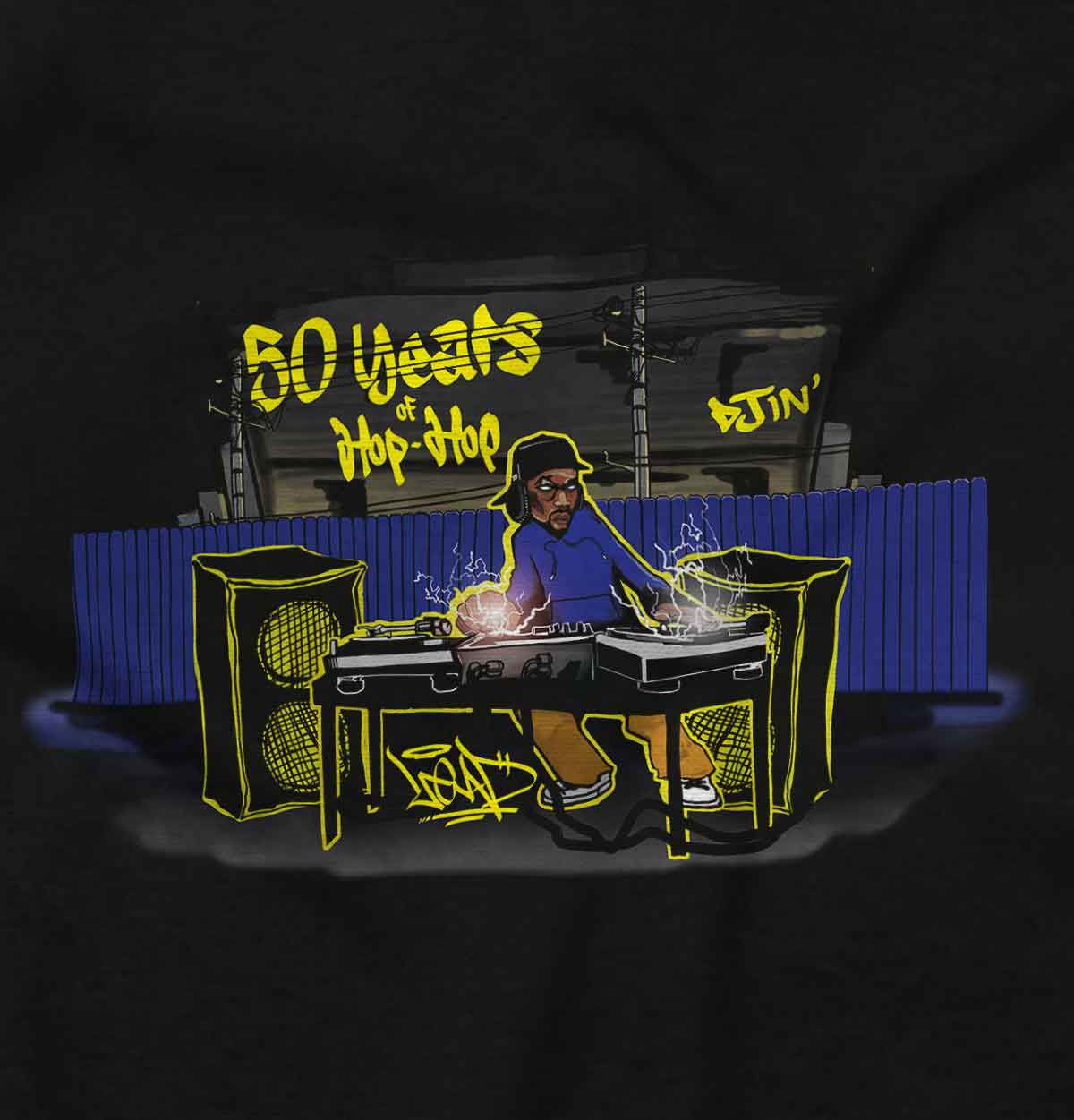 This shirt features a design inspired by urban art with a DJ mixing music and speakers playing. It's a celebration of 50 years of hip-hop and pays homage to its roots.