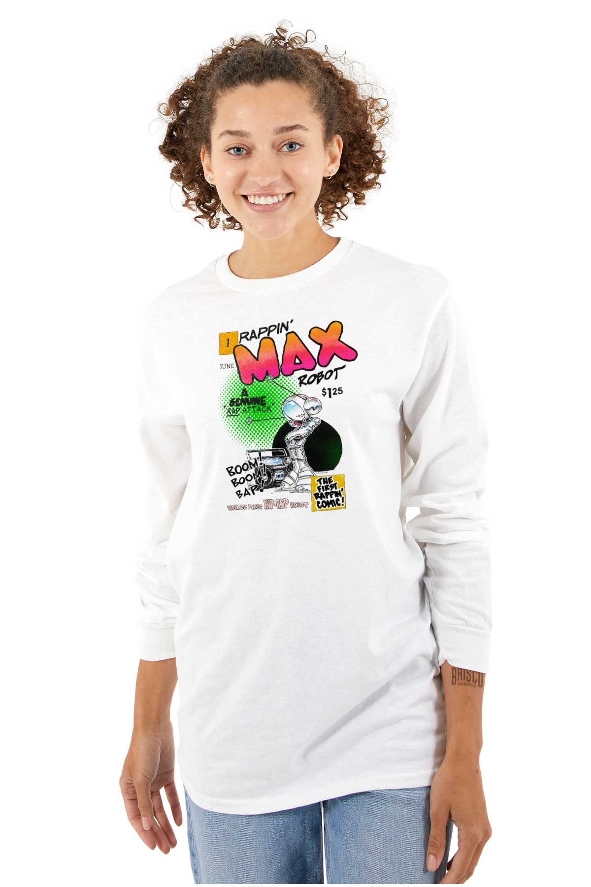 This image is a tribute to the original Rappin Max Robot, who was a pioneer in hip hop within comic books. The design features a boombox playing great beats, while Rappin Max himself is rapping on the microphone.