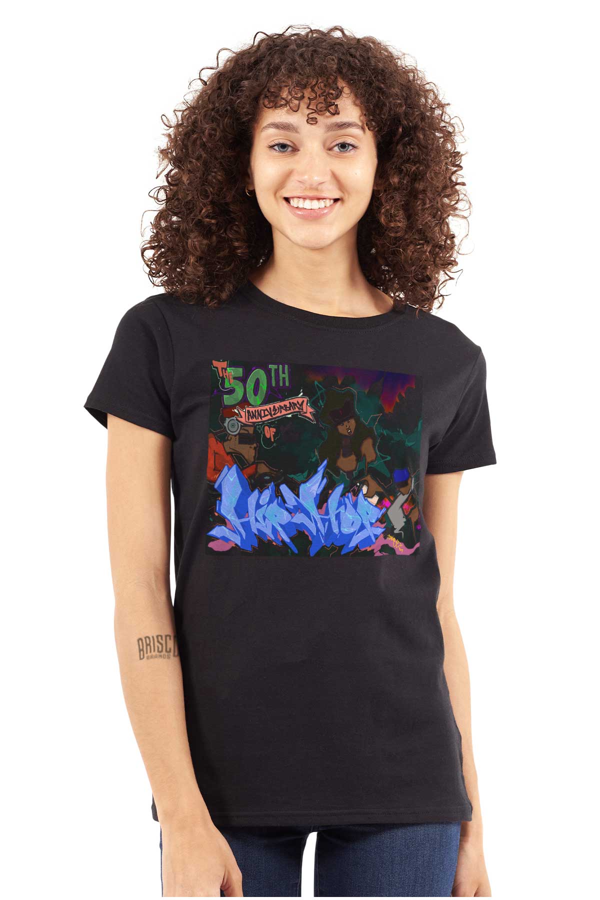 This image celebrates the 50th anniversary of hip hop with graffiti art. It is a burst of vibrant colors that captures the raw energy and creativity of the genre. The design reflects the soul of hip-hop and highlights its rich history and legendary artists.