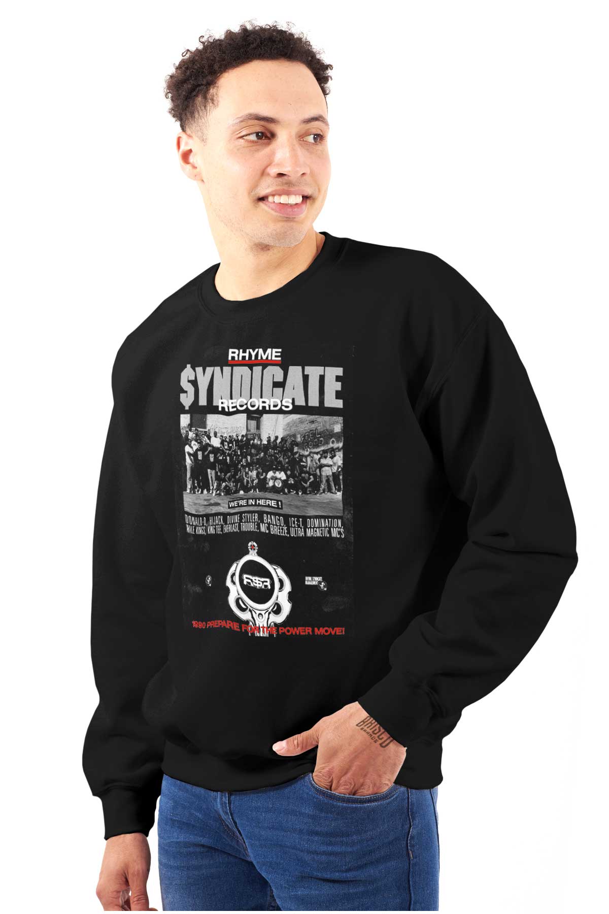 This image represents a design inspired by the 90s hip-hop era, with the logo of Rhyme Syndicate Records paying tribute to rap pioneers.