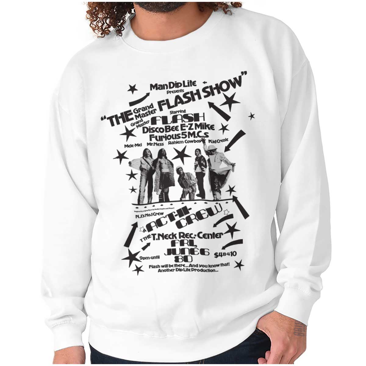 This image pays homage to the pioneers and celebrates the vibrant culture of that legendary night at T.Nec Rec Center on June 6, 1980. Experience the energy of an '80s hip-hop concert featuring iconic artists like Grand Master Flash, Disco Bee, E-Z Mike, and the Furious 5 M.Cs.