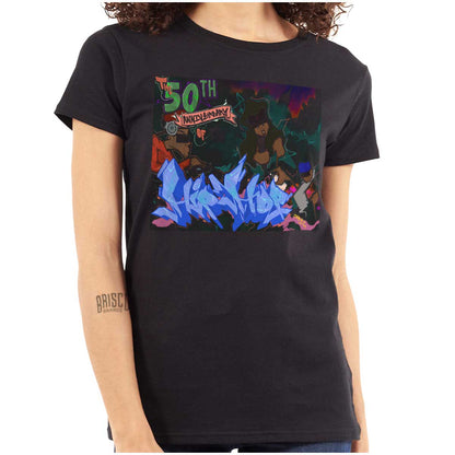 This image celebrates the 50th anniversary of hip hop with graffiti art. It is a burst of vibrant colors that captures the raw energy and creativity of the genre. The design reflects the soul of hip-hop and highlights its rich history and legendary artists.