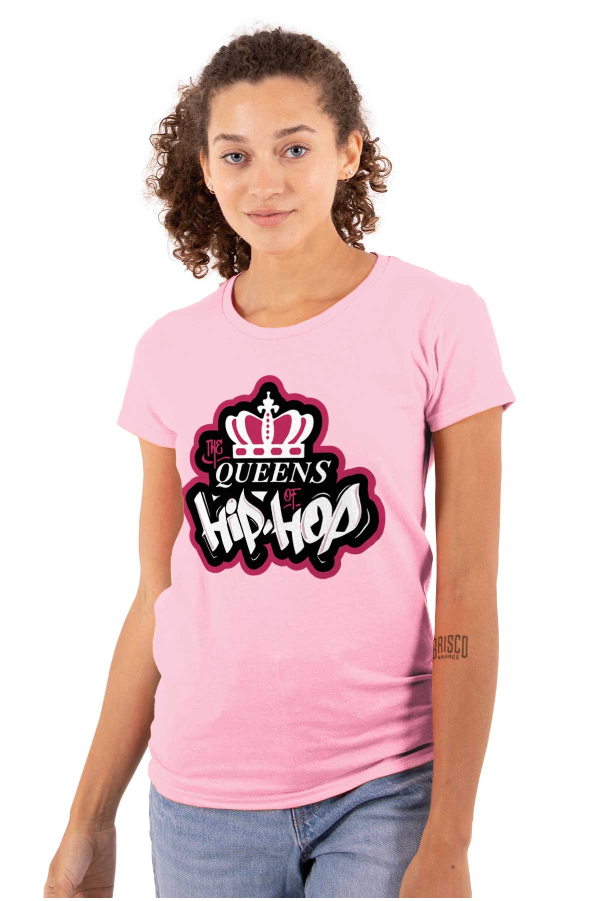 This streetwear design pays homage to influential female hip hop artists, with a graffiti-style logo of a crown in bold pink and white colors, symbolizing their confidence and vibrant energy.