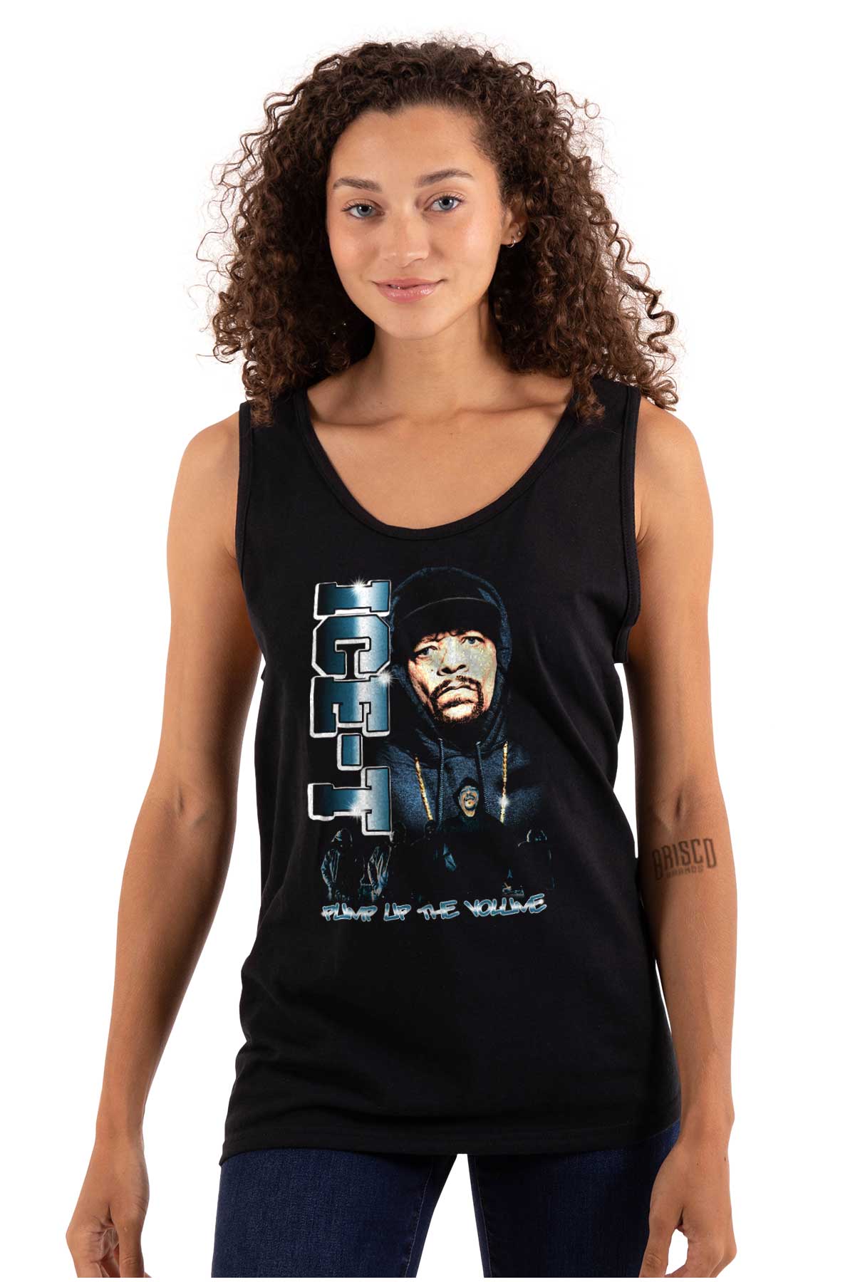 This image features the Pump Up The Volume Shirt, which showcases a hip-hop theme. It includes a picture of the OG ICE-T wearing his iconic beanie with his name on it.