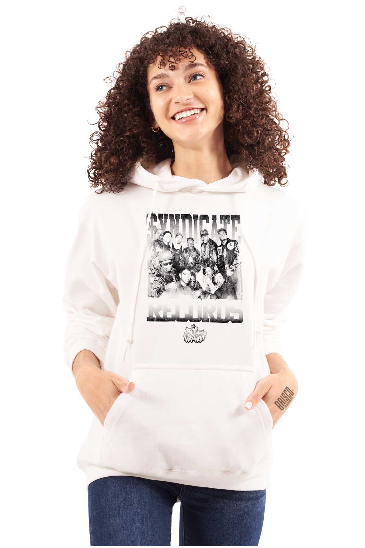 This picture features a black and white shirt with the 50th anniversary logo of Hip Hop, honoring its pioneers and the spirit of the culture.