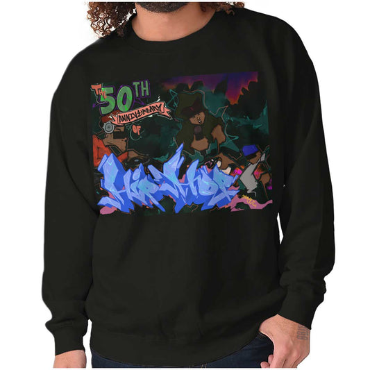 This image celebrates the 50th anniversary of hip hop with graffiti art. It is a burst of vibrant colors that captures the raw energy and creativity of the genre. The design reflects the soul of hip-hop and highlights its rich history and legendary artists.