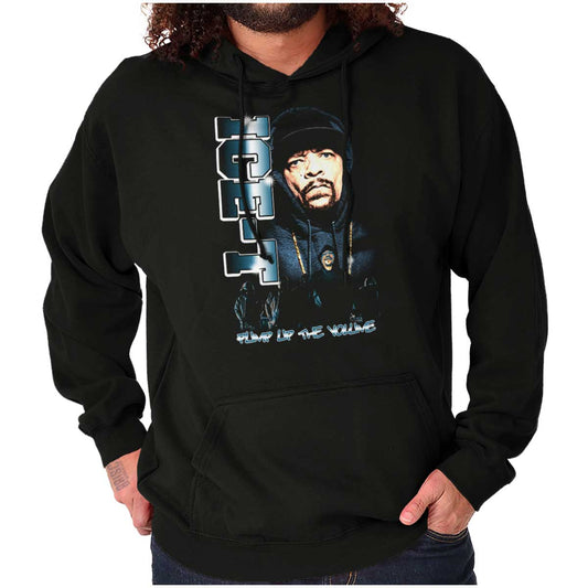 This image features the Pump Up The Volume Shirt, which showcases a hip-hop theme. It includes a picture of the OG ICE-T wearing his iconic beanie with his name on it.