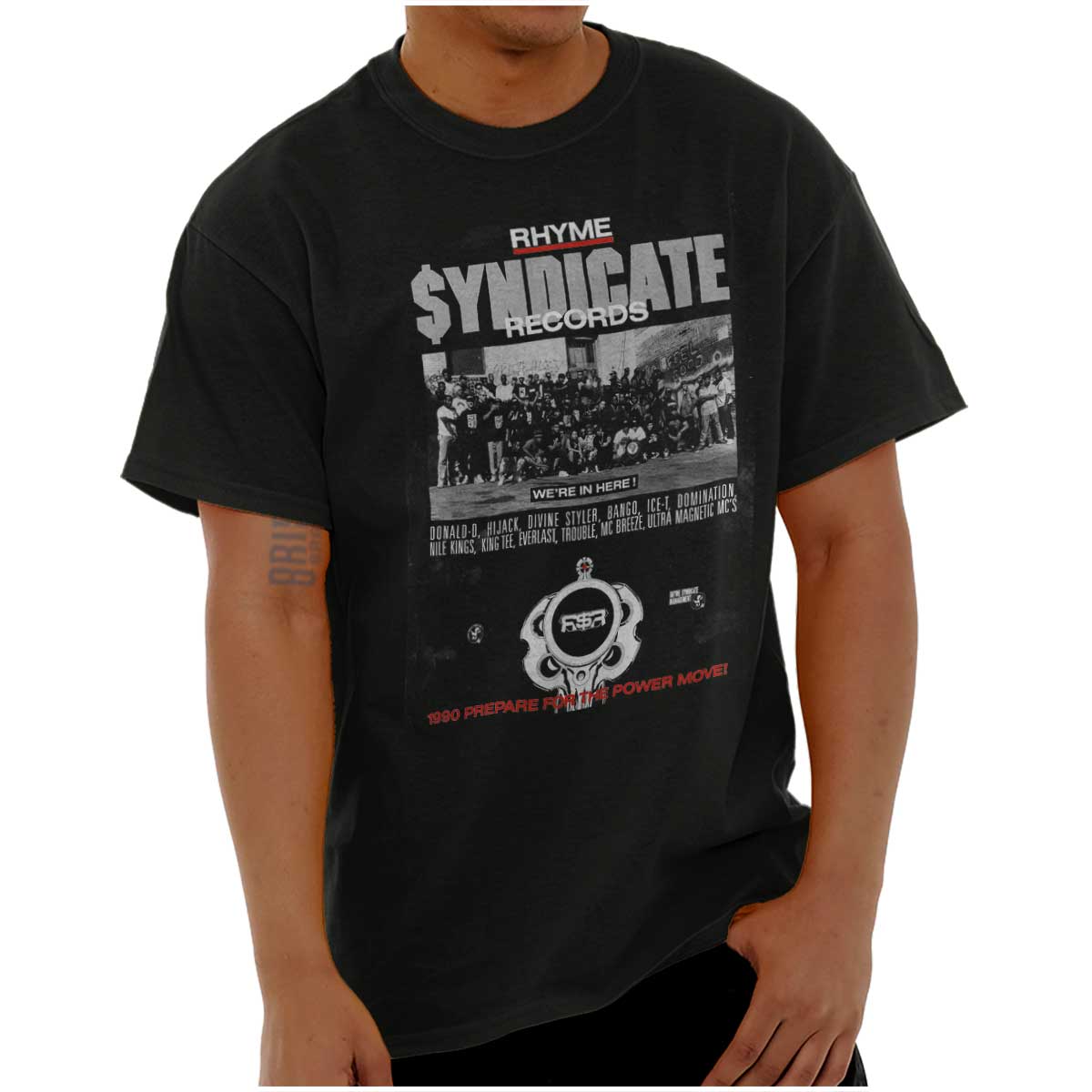 This image represents a design inspired by the 90s hip-hop era, with the logo of Rhyme Syndicate Records paying tribute to rap pioneers.