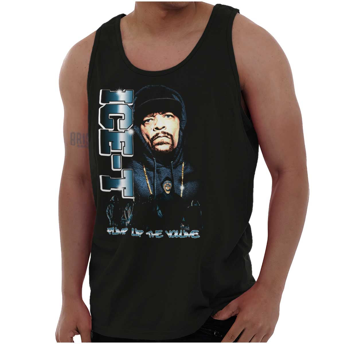 This image features the Pump Up The Volume Shirt, which showcases a hip-hop theme. It includes a picture of the OG ICE-T wearing his iconic beanie with his name on it.