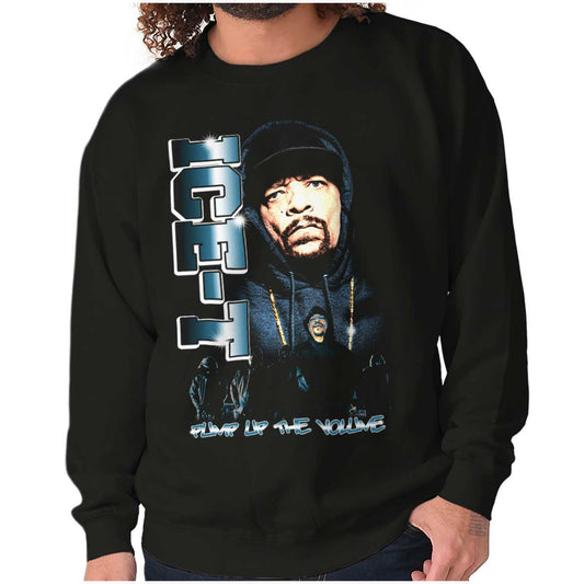 This image features the Pump Up The Volume Shirt, which showcases a hip-hop theme. It includes a picture of the OG ICE-T wearing his iconic beanie with his name on it.