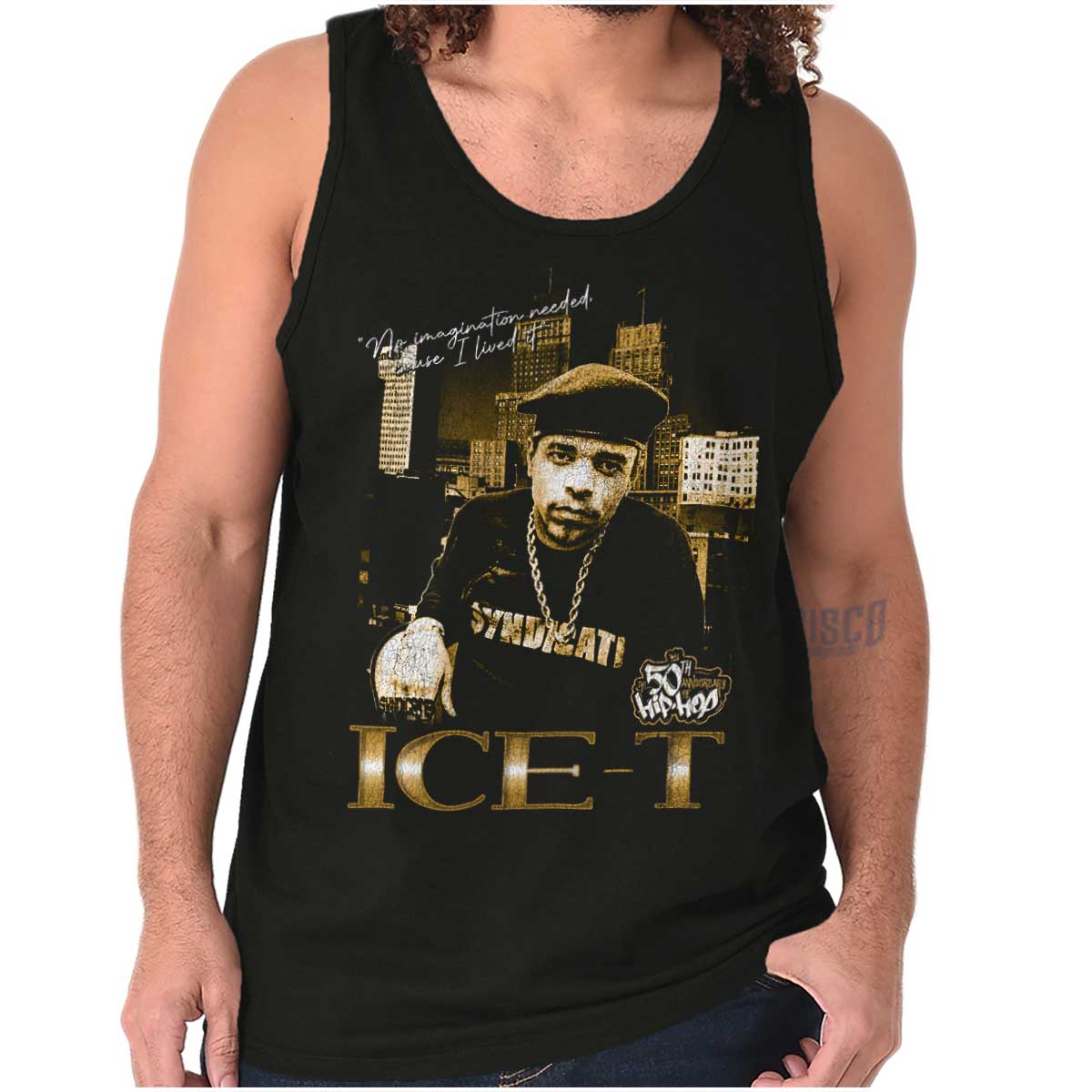 The image shows a confident ICE-T wearing chains in front of city skyscrapers, representing the bold and resilient essence of hip-hop and its legacy.