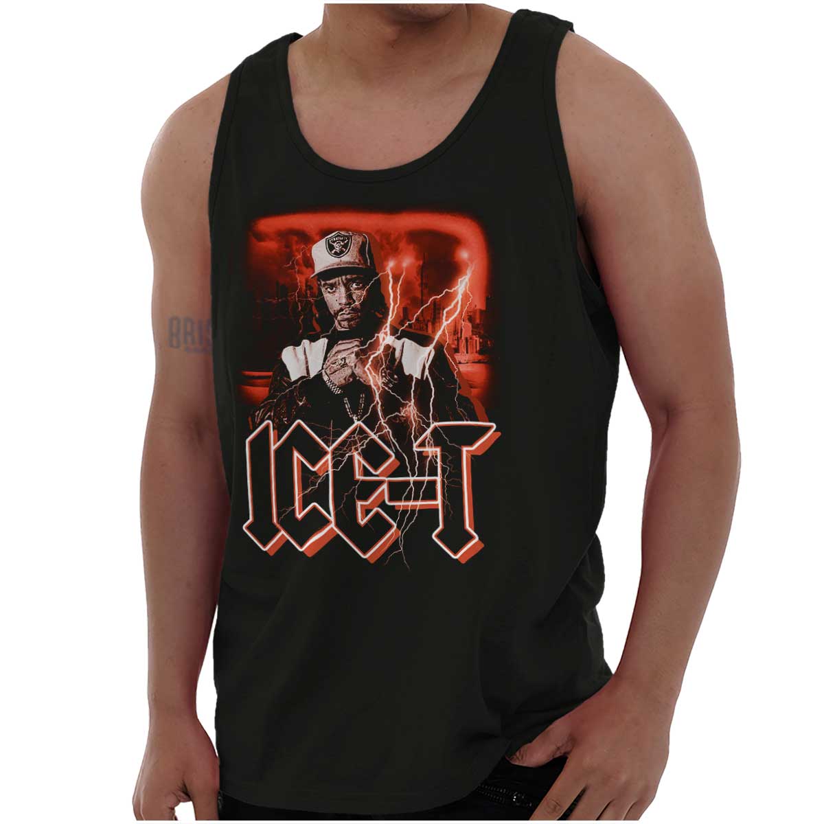 This image shows a graffiti-style picture of ICE-T with red skies and storms, representing rebellion and the enduring spirit of hip-hop, so embrace the vibe and let your style shine with this cool piece.