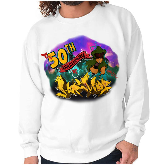 This colorful image celebrates the 50th anniversary of Hip Hop, displaying its energetic and creative essence with bold colors and passionate MCs.