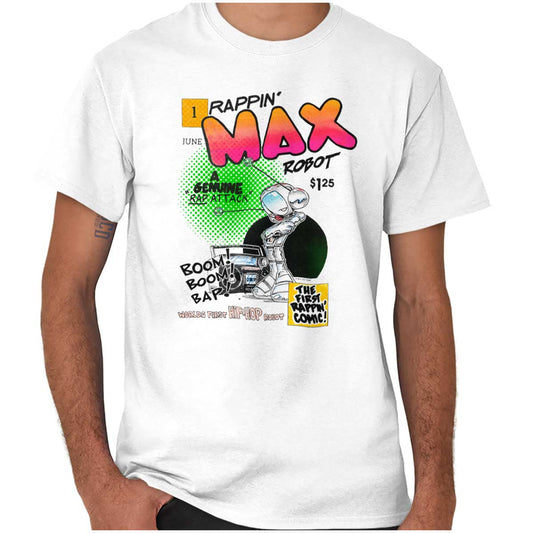 This image is a tribute to the original Rappin Max Robot, who was a pioneer in hip hop within comic books. The design features a boombox playing great beats, while Rappin Max himself is rapping on the microphone.