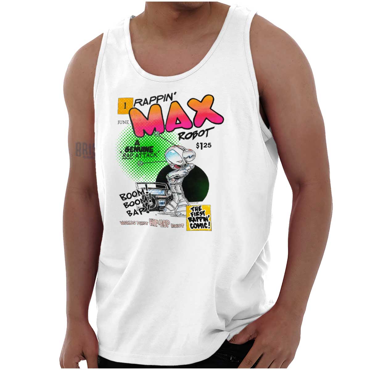 This image is a tribute to the original Rappin Max Robot, who was a pioneer in hip hop within comic books. The design features a boombox playing great beats, while Rappin Max himself is rapping on the microphone.