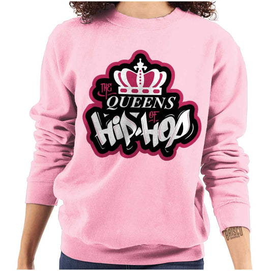 This streetwear design pays homage to influential female hip hop artists, with a graffiti-style logo of a crown in bold pink and white colors, symbolizing their confidence and vibrant energy.