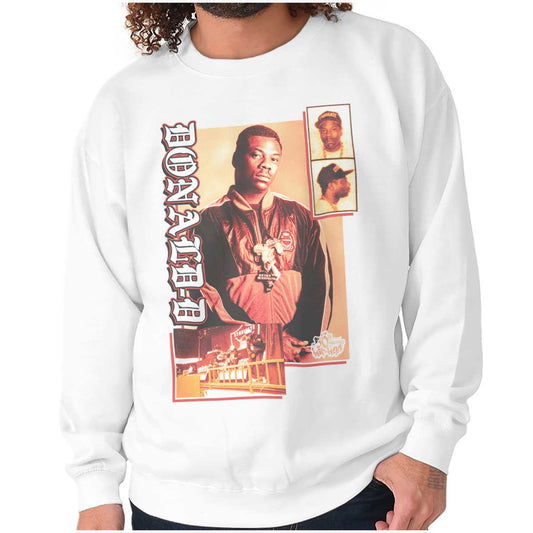 This image is a t-shirt with a design of hip-hop pioneer Donald D, honoring the original artists and culture of hip-hop.