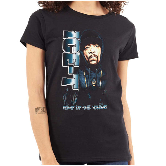 This image features the Pump Up The Volume Shirt, which showcases a hip-hop theme. It includes a picture of the OG ICE-T wearing his iconic beanie with his name on it.