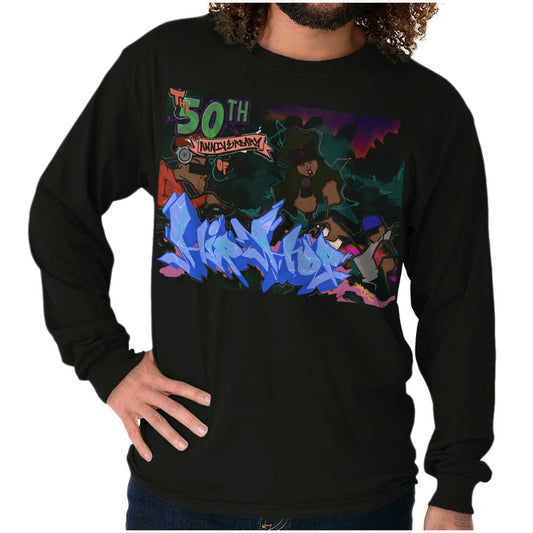 This image celebrates the 50th anniversary of hip hop with graffiti art. It is a burst of vibrant colors that captures the raw energy and creativity of the genre. The design reflects the soul of hip-hop and highlights its rich history and legendary artists.