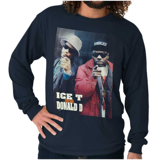 Two iconic hip-hop artists, ICE-T and Donald D, are depicted in this image wearing sunglasses and hats, symbolizing unity, strength, and determination.