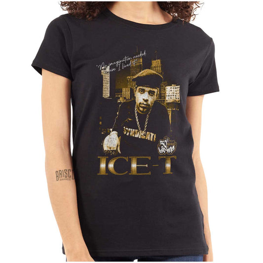 The image shows a confident ICE-T wearing chains in front of city skyscrapers, representing the bold and resilient essence of hip-hop and its legacy.